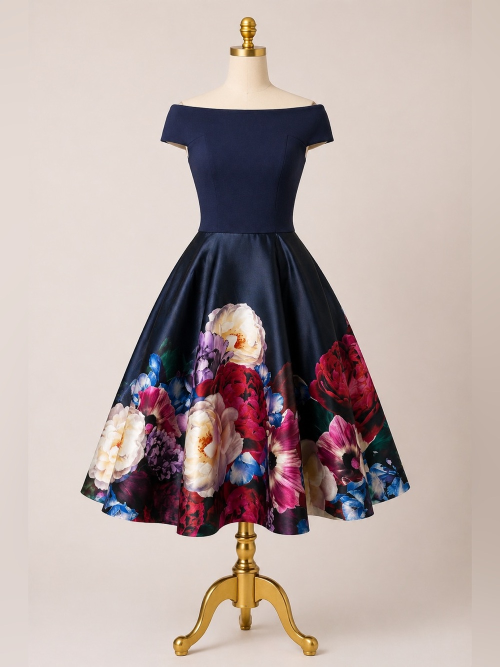 Ted Baker Navy Floral Fit-and-Flare Midi Dress - Picture 3 of 14